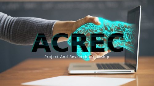 Das ACREC Logo. Im Hintergrund greift eine Hand eine virtuelle Hand, die aus einem Laptop kommt
